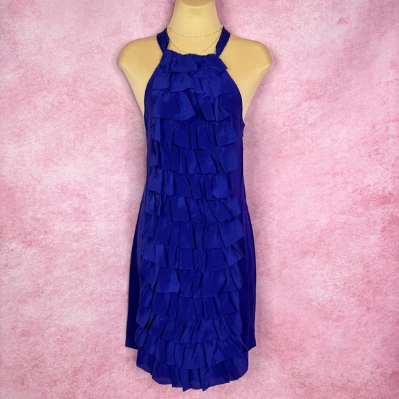 220. Anthropologie VA ET VIEN Silk Royal Blue Ruffle Halter Dress Size 4 - Picture 1 of 7